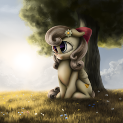 Size: 8406x8406 | Tagged: safe, artist:flusanix, imported from derpibooru, oc, oc only, oc:peach blossom, pegasus, pony, absurd resolution, bow, flower, flower in hair, full body, glass eye, grass, grass field, hair bow, heterochromia, sitting, solo, tree