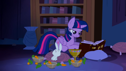 Size: 1920x1080 | Tagged: safe, imported from derpibooru, screencap, angel bunny, twilight sparkle, alicorn, castle mane-ia, ^^, belly, book, bookshelf, carrot, castle of the royal pony sisters, cup, diary, eyes closed, food, g4, goblet, implied stuffing, indoors, lidded eyes, lying down, pillow, prone, stuffed belly, twilight sparkle (alicorn)