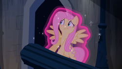 Size: 1920x1080 | Tagged: safe, imported from derpibooru, screencap, fluttershy, castle mane-ia, blushing, castle of the royal pony sisters, embarrassed, frozen, g4, magic, pillar, solo