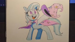 Size: 3264x1836 | Tagged: safe, artist:lockheart, imported from derpibooru, trixie, pony, unicorn, blue coat, blue mane, blue tail, cape, clothes, female, hat, hat off, hoof hold, looking up, mare, open mouth, open smile, purple eyes, smiling, solo, tail, traditional art, watercolor painting