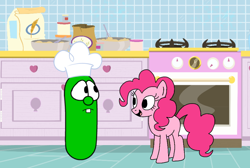 Size: 914x616 | Tagged: safe, artist:abjudisch2002, imported from derpibooru, pinkie pie, pony, crossover, cucumber, food, kitchen, larry the cucumber, veggietales