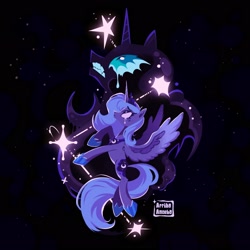 Size: 2048x2048 | Tagged: safe, artist:arribaamoeba, imported from derpibooru, nightmare moon, princess luna, alicorn, pony, crying, duality, female, frown, high res, jewelry, mare, regalia, s1 luna, signature, spread wings, stars, teeth, wings