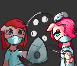 Size: 1176x1000 | Tagged: safe, artist:solid shrimp, imported from derpibooru, fluttershy, pinkie pie, earth pony, pegasus, pony, alternate hairstyle, doctor, duo, face mask, female, floppy ears, hair over one eye, hoof hold, looking at you, mare, mask, nurse, offscreen character, pinkamena diane pie, pinktober, pov, scalpel