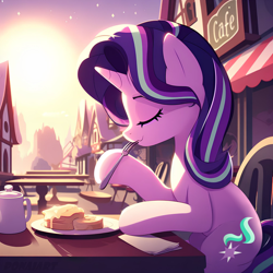 Size: 2048x2048 | Tagged: safe, artist:ponaiart, imported from derpibooru, starlight glimmer, pony, unicorn, ai content, ai generated, breakfast, cafe, food, g4, generator:bing image creator, morning, pancakes, sweet