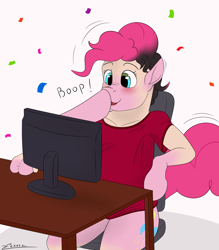 Size: 4200x4800 | Tagged: safe, artist:furnaise, imported from derpibooru, pinkie pie, earth pony, human, pony, blushing, boop, breaking the fourth wall, clothes, computer, confetti, eye color change, human to pony, male to female, monitor, open mouth, open smile, rule 63, shirt, sitting, smiling, transformation, transgender transformation, twinning