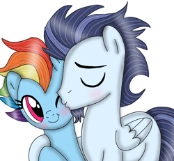 Size: 778x720 | Tagged: safe, artist:dasher666, imported from derpibooru, rainbow dash, soarin', pegasus, pony, the last problem, cheek kiss, female, kissing, male, mare, older, older rainbow dash, older soarin', older soarindash, ship:soarindash, shipping, simple background, stallion, straight, white background