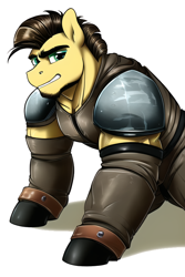 Size: 512x768 | Tagged: safe, editor:primortal, imported from derpibooru, oc, oc only, oc:sledge rock, earth pony, pony, fallout equestria, ai assisted, ai content, ai generated, armor, biceps, clothes, earth pony oc, fallout, generator:novelai, generator:stable diffusion, leather, leather armor, male, muscles, muscular male, peacekeeper, ranger, shoulder pads, simple background, solo, square jaw, white background