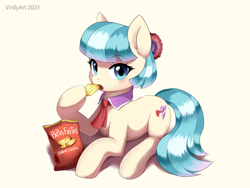 Size: 2570x1928 | Tagged: safe, artist:vinilyart, imported from derpibooru, coco pommel, earth pony, pony, blushing, chips, eating, female, food, mare, simple background, solo, spanish, text, white background