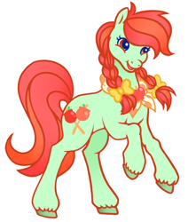 Size: 1696x2000 | Tagged: safe, artist:wtfponytime, imported from derpibooru, candy apples, earth pony, pony, apple family member, bow, braid, braided pigtails, g2, g4, g4 to g2, generation leap, hair bow, neckerchief, pigtails, rearing, solo, unshorn fetlocks