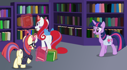 Size: 4174x2291 | Tagged: safe, artist:jp, derpibooru exclusive, imported from derpibooru, moondancer, moondancer (g1), twilight sparkle, alicorn, pony, unicorn, .svg available, bag, book, bookshelf, clothes, female, g1, g1 to g4, g4, generation leap, generational ponidox, library, magic, mlp fim's thirteenth anniversary, saddle bag, svg, sweater, telekinesis, trio, trio female, twilight sparkle (alicorn), vector