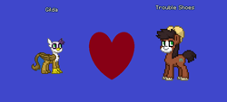 Size: 852x385 | Tagged: safe, imported from derpibooru, gilda, trouble shoes, clydesdale, earth pony, griffon, pony, pony town, blue background, draft horse, female, gildashoes, hat, heart, male, ms paint, shipping, simple background, straight