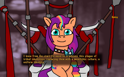Size: 1280x800 | Tagged: safe, imported from ponybooru, sunny starscout, earth pony, caesar's legion, dialogue box, fallout, fallout: new vegas, female, g5, looking at you, mare, pins, sitting, smiling, smiling at you, solo, spear, text, throne, unity crystals, weapon
