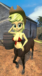 Size: 1080x1920 | Tagged: safe, alternate version, artist:oatmeal!, imported from derpibooru, applejack, centaur, human, monster girl, taur, equestria girls, 3d, accessory swap, arm behind head, bra, breasts, busty applejack, cleavage, clothes, costume, gmod, halloween, hand on hip, holiday, looking at you, midriff, monster, monster musume, solo, species swap, underwear