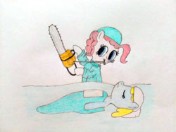 Size: 4032x3016 | Tagged: safe, artist:jakusi, pinkie pie, sassaflash, earth pony, pony, /pnk/, blanket, chainsaw, clothes, doctor, face mask, female, gloves, like a surgeon, lying down, mare, mask, music video reference, pinktober, solo, surgeon, traditional art, unconscious, weird al yankovic