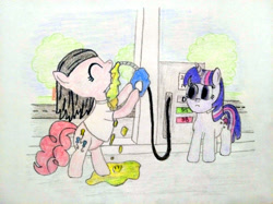 Size: 4032x3016 | Tagged: safe, artist:jakusi, pinkie pie, twilight sparkle, earth pony, pony, /pnk/, andrew w.k., clothes, confused, drinking, female, gas pump, gas station, gasoline, mare, music video reference, pinktober, puddle, road, shirt, t-shirt, traditional art, tree, white shirt