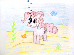 Size: 4032x3016 | Tagged: safe, artist:jakusi, pinkie pie, earth pony, fish, pony, /pnk/, bubble, diving, female, holding breath, mare, pinktober, puffy cheeks, sand, seabed, seaweed, solo, traditional art, underwater, water