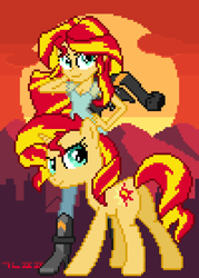 Size: 500x700 | Tagged: safe, artist:gonicfanfic, imported from derpibooru, sunset shimmer, human, pony, unicorn, equestria girls, city, human ponidox, pixel art, self paradox, self ponidox, sunset