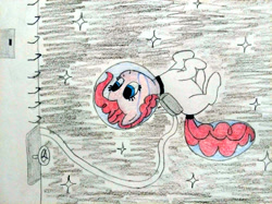 Size: 4032x3016 | Tagged: safe, artist:jakusi, pinkie pie, earth pony, pony, /pnk/, astronaut, astronaut pinkie, female, floating, mare, pinktober, solo, space, spaceship, spacesuit, stars, tether, traditional art