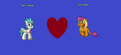 Size: 852x387 | Tagged: safe, imported from derpibooru, smolder, terramar, classical hippogriff, dragon, hippogriff, pony, pony town, blue background, female, heart, male, ms paint, shipping, simple background, straight