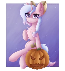 Size: 1691x1860 | Tagged: safe, artist:gaffy, imported from derpibooru, oc, oc only, unicorn, commission, halloween, holiday, horn, pumpkin, unicorn oc, ych result