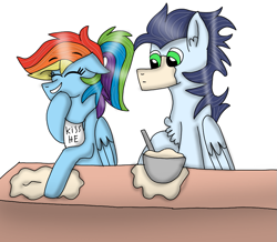 Size: 825x720 | Tagged: safe, artist:dasher666, artist:justcallmescaizor, edit, imported from derpibooru, rainbow dash, soarin', pegasus, pony, cooking, female, male, mare, ship:soarindash, shipping, stallion, straight