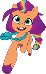 Size: 873x1385 | Tagged: safe, artist:prixy05, imported from derpibooru, sunny starscout, earth pony, pony, female, g5, mane stripe sunny, mare, my little pony: tell your tale, open mouth, open smile, satchel, simple background, smiling, solo, transparent background, vector