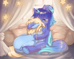 Size: 2500x2000 | Tagged: safe, artist:ponchik_art, imported from derpibooru, oc, oc only, oc:asteria, oc:blue skies, alicorn, pegasus, pony, blushing, chest fluff, comforting, commission, constellation, cuddling, curtains, cute, detailed background, embarrassed, ethereal mane, female, hug, loving gaze, male, mare, pillow, sitting, sparkles, stallion, starry mane, stars, unshorn fetlocks, window