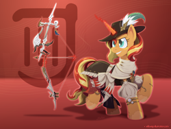 Size: 1600x1200 | Tagged: safe, artist:willoillo, imported from derpibooru, sunset shimmer, pony, unicorn, arrow, bard, bow, crossover, fantasy class, final fantasy, final fantasy xiv, levitation, magic, telekinesis