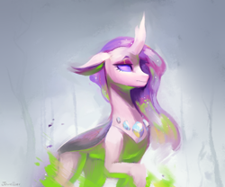 Size: 2170x1808 | Tagged: safe, alternate version, artist:jewellier, imported from derpibooru, princess cadance, changedling, changeling, pony, abstract background, changedlingified, changelingified, curved horn, digital art, ethereal mane, eyeshadow, fanfic art, female, fire, floppy ears, flowing mane, g4, gem, gray background, green fire, horn, makeup, mare, purple eyes, raised hoof, signature, simple background, sparkles, species swap, starry mane, starry tail, tail, walking