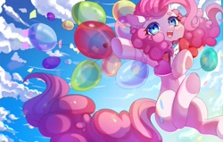 Size: 2048x1301 | Tagged: safe, artist:alus, imported from derpibooru, pinkie pie, earth pony, pony, balloon, female, floating, solo, then watch her balloons lift her up to the sky