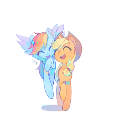 Size: 1930x2149 | Tagged: safe, artist:zss331, imported from derpibooru, applejack, rainbow dash, earth pony, pegasus, pony, eyes closed, female, flying, lesbian, open mouth, open smile, ship:appledash, shipping, simple background, smiling, white background