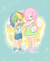 Size: 1494x1814 | Tagged: safe, artist:chengzi82020, imported from derpibooru, fluttershy, rainbow dash, human, duo, eye clipping through hair, female, food, hair over one eye, humanized, ice cream, younger