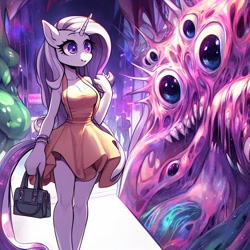 Size: 1024x1024 | Tagged: safe, imported from derpibooru, oc, unnamed oc, anthro, unicorn, abstract, ai content, ai generated, bag, body horror, breasts, clothes, dress, eldritch abomination, female, generator:bing image creator, generator:dall-e 3, handbag, horror, pink mane, prompter:horselover fat, small breasts, smiling, solo, solo female, surreal, walking