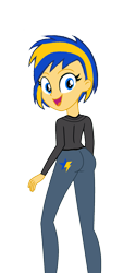 Size: 987x1974 | Tagged: safe, artist:mlpfan3991, imported from derpibooru, oc, oc only, oc:flare spark, human, equestria girls, clothes, cutie mark, cutie mark on clothes, denim, jacket, jeans, looking back, open mouth, open smile, pants, simple background, smiling, solo, transparent background