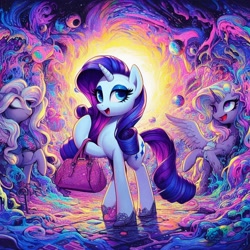 Size: 1024x1024 | Tagged: safe, imported from derpibooru, rarity, pony, abstract, ai content, ai generated, bag, clothes, female, generator:bing image creator, generator:dall-e 3, handbag, high heels, horror, melting, prompter:horselover fat, shoes, surreal