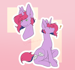 Size: 2169x2048 | Tagged: safe, artist:snows-undercover, imported from derpibooru, oc, oc only, oc:lilac, pony, unicorn, ear piercing, earring, exclamation point, female, jewelry, mare, piercing, raised hoof, sitting, solo