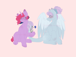 Size: 2732x2048 | Tagged: safe, artist:snows-undercover, imported from derpibooru, oc, oc only, oc:iris breeze, oc:lilac, pegasus, pony, unicorn, blushing, cute, duo, ear piercing, earring, female, flower, flustered, freckles, hoof hold, iris (flower), jewelry, leonine tail, lesbian, looking at each other, looking at someone, mare, oc x oc, piercing, pink background, shipping, simple background, sitting, tail