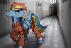 Size: 2396x1620 | Tagged: safe, artist:anku, imported from derpibooru, rainbow dash, pegasus, pony, ankle chain, bound wings, chains, clothes, jumpsuit, prison outfit, prisoner rd, solo, wings