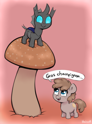 Size: 1317x1770 | Tagged: safe, artist:heretichesh, imported from derpibooru, oc, oc only, changeling, earth pony, pony, cute, cuteling, dialogue, duo, female, filly, foal, freckles, french, holeless, looking down, looking up, mushroom, ocbetes, open mouth, open smile, smiling, speech bubble, tooth gap