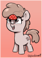 Size: 1016x1402 | Tagged: safe, artist:heretichesh, imported from derpibooru, oc, oc only, earth pony, pony, balancing, cute, female, filly, foal, freckles, gradient background, mushroom, open mouth, open smile, ponies balancing stuff on their nose, smiling, solo