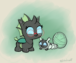 Size: 1423x1184 | Tagged: safe, artist:heretichesh, imported from derpibooru, oc, oc only, oc:yvette (evan555alpha), changeling, changeling larva, nymph, changeling egg, changeling oc, cute, cuteling, duo, female, glasses, green changeling, grub, larva, round glasses, signature