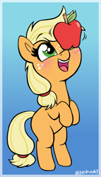 Size: 864x1506 | Tagged: safe, artist:heretichesh, imported from derpibooru, applejack, earth pony, pony, apple, balancing, cute, female, filly, filly applejack, foal, food, gradient background, hatless, jackabetes, missing accessory, open mouth, open smile, ponies balancing stuff on their nose, silly, silly pony, smiling, solo, standing on two hooves, weapons-grade cute, who's a silly pony, younger