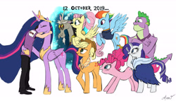 Size: 7000x4000 | Tagged: safe, artist:arkhat, imported from derpibooru, applejack, discord, fluttershy, pinkie pie, rainbow dash, rarity, spike, twilight sparkle, oc, alicorn, dragon, human, the last problem, applejack's hat, chad spike, clothes, concave belly, cowboy hat, crossed arms, crown, ethereal mane, flying, granny smith's shawl, group, happy birthday mlp:fim, hat, height difference, hoof shoes, hug, implied granny smith, jewelry, long mane, mane seven, mane six, older, older applejack, older fluttershy, older mane seven, older mane six, older pinkie pie, older rainbow dash, older rarity, older spike, older twilight, older twilight sparkle (alicorn), pants, peytral, portal, princess shoes, princess twilight 2.0, regalia, scarf, simple background, slim, spread wings, tall, thin, twilight sparkle (alicorn), white background, winged spike, wings