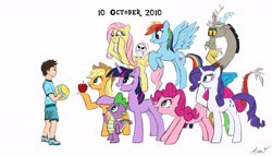 Size: 7000x4000 | Tagged: safe, artist:arkhat, imported from derpibooru, applejack, discord, fluttershy, pinkie pie, rainbow dash, rarity, spike, twilight sparkle, oc, draconequus, dragon, earth pony, human, pegasus, pony, rabbit, unicorn, 2010s, absurd resolution, animal, apple, breasts, busty rarity, child, female, food, mane seven, mane six, mare, simple background, unicorn twilight, white background