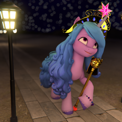 Size: 1080x1080 | Tagged: safe, artist:the luna fan, imported from derpibooru, izzy moonbow, 3d, big crown thingy, blender, element of magic, g5, jewelry, light, light pole, looking up, mlp fim's thirteenth anniversary, night, regalia, scepter, solo, starry night, twilight scepter