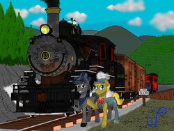 Size: 8093x6094 | Tagged: safe, artist:nivimonster, artist:smokey cinders, imported from derpibooru, oc, oc only, oc:crosby chime, oc:smokey cinders, earth pony, pegasus, everfree forest, fanfic art, locomotive, photo, railroad, steam locomotive, story included, train