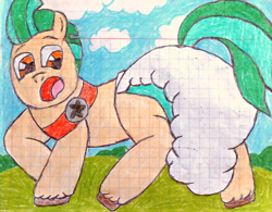 Size: 2419x1889 | Tagged: safe, artist:bitter sweetness, imported from derpibooru, hitch trailblazer, abdl, blue sky, diaper, diaper fetish, fetish, g5, graph paper, grass, my little pony: a new generation, my little pony: make your mark, my little pony: tell your tale, open mouth, orange eyes, poofy diaper, traditional art