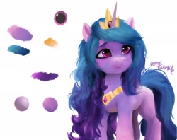 Size: 2048x1623 | Tagged: safe, artist:petaltwinkle, imported from derpibooru, izzy moonbow, pony, unicorn, color palette, crown, female, g5, jewelry, mare, peytral, regalia, signature, simple background, solo, white background