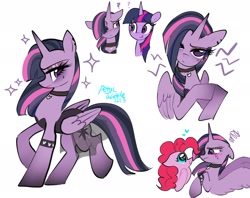 Size: 2048x1623 | Tagged: safe, artist:petaltwinkle, imported from derpibooru, pinkie pie, twilight sparkle, alicorn, earth pony, pony, blushing, choker, cute, diapinkes, duality, duo, female, floppy ears, goth, heart, heart eyes, lesbian, looking at each other, looking at someone, mare, question mark, self paradox, ship:twinkie, shipping, simple background, sparkles, studded armband, twilight sparkle (alicorn), white background, wingding eyes