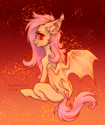 Size: 2796x3332 | Tagged: safe, artist:mammalian_alien, imported from derpibooru, fluttershy, bat pony, pegasus, pony, bat ponified, bat wings, flutterbat, gradient background, long mane, messy hair, messy mane, missing cutie mark, race swap, solo, spine, thighs, thin, thunder thighs, wings